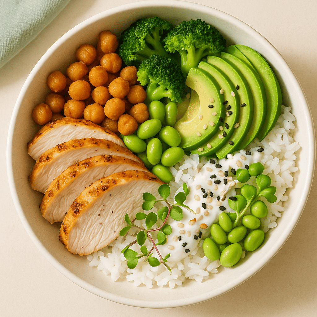 Frisch angerichtete Protein Bowl von oben