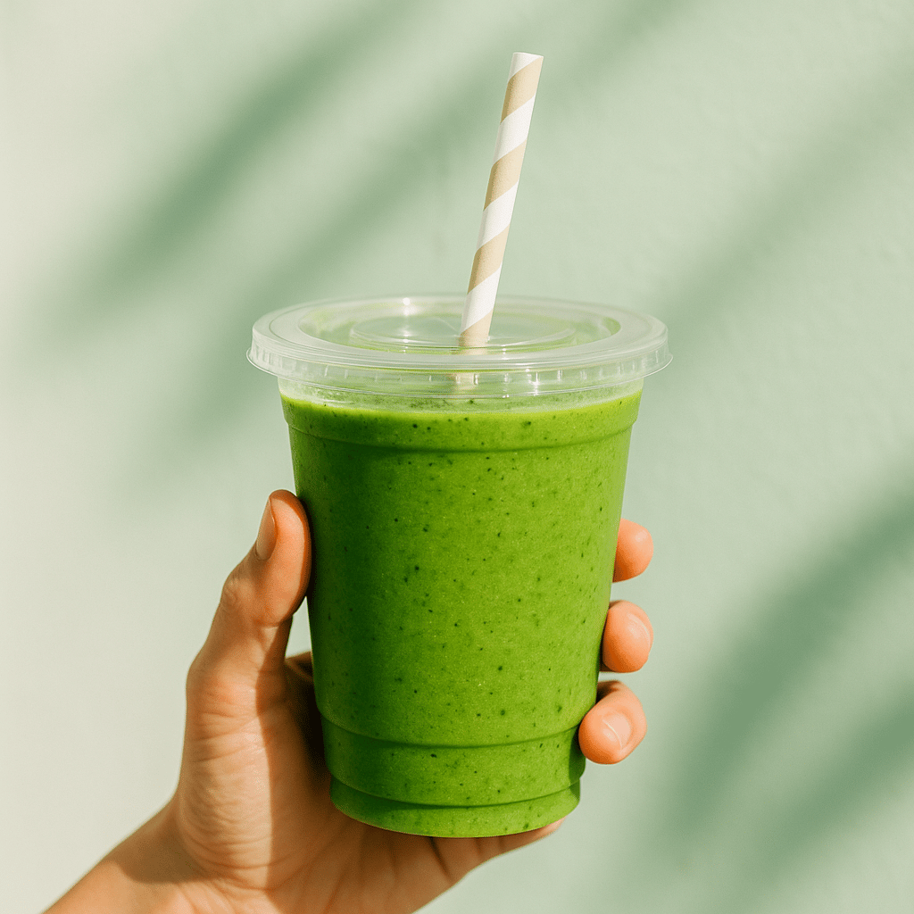 Grüner Smoothie vor der Mint-Wand