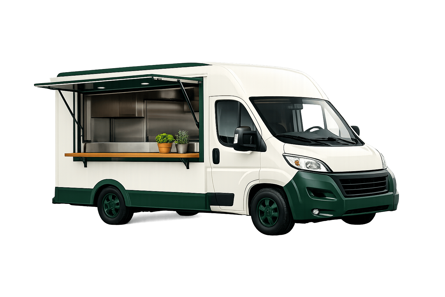 Der grün-weiße maliki Foodtruck mit geöffneter Ausgabetheke